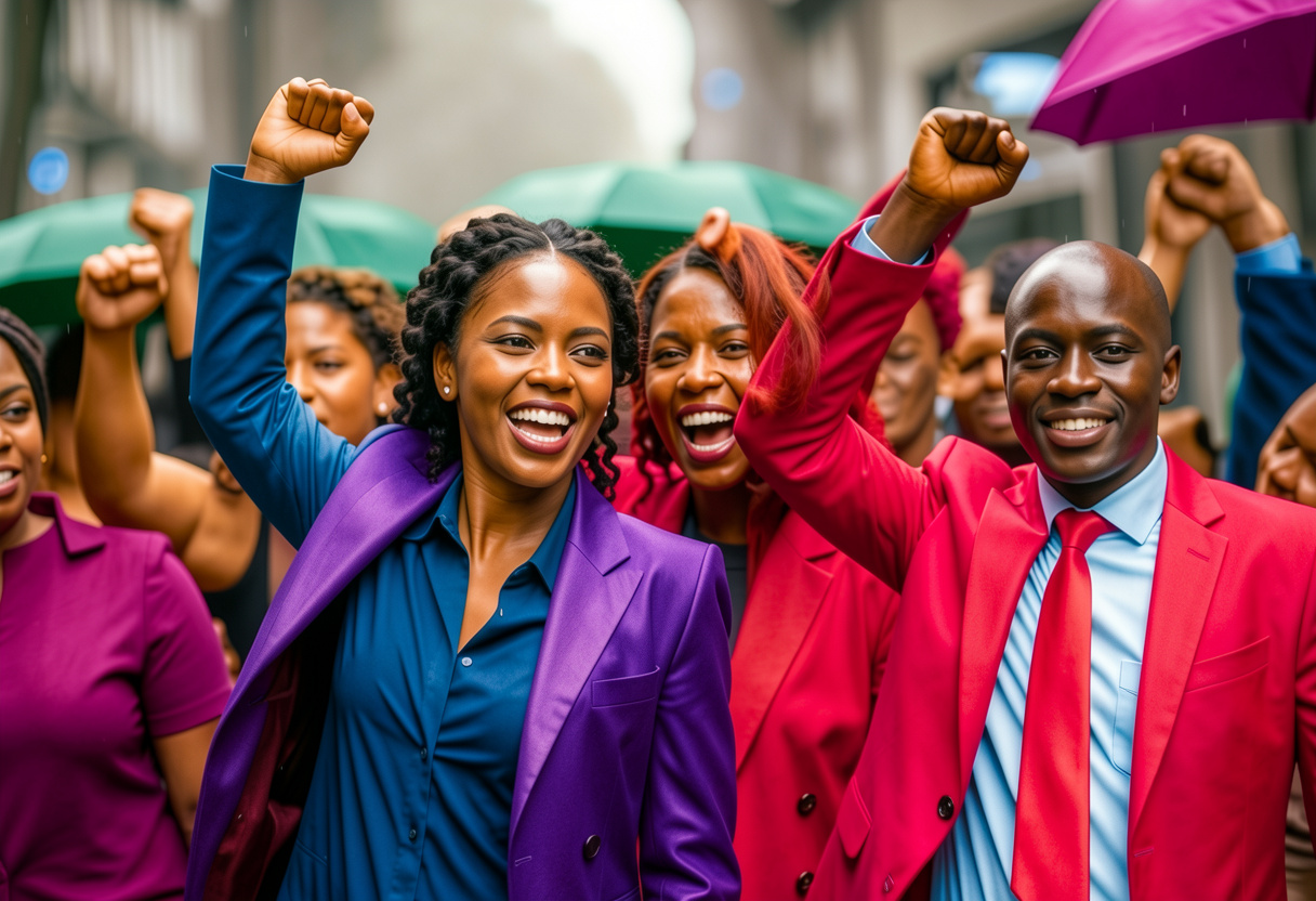 Young Kenyans celebrating with raised fists